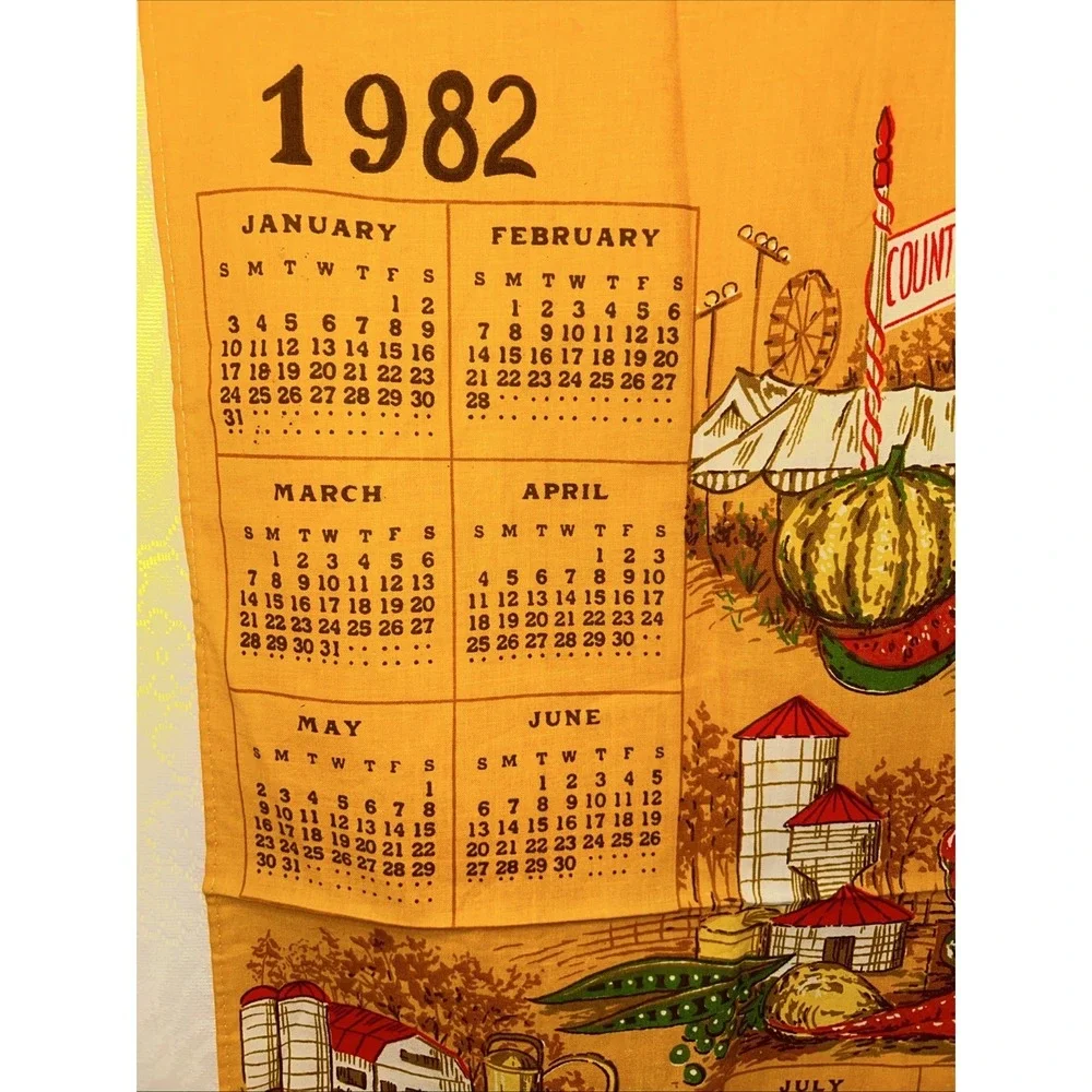 Vintage Linen Tea Towel / Wall Hanging Calendar‎ County/State Fair Pattern 1982